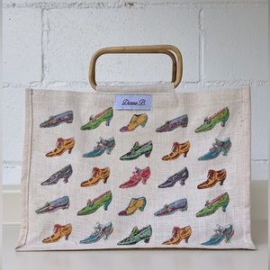 Diane B. 👠 Burlap Shoe Icon Shopping Bag Tote With Wooden Handles